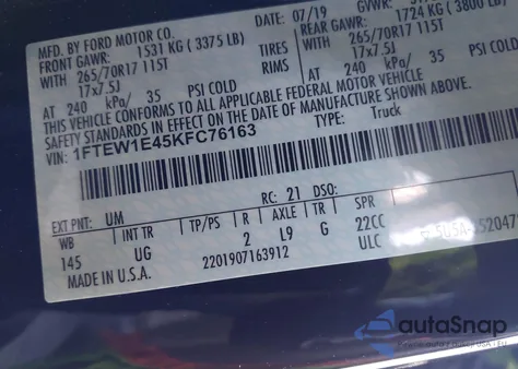 2019 Ford F-150 Xlt from USA, damaged, VIN 1FTEW1E45KFC76163